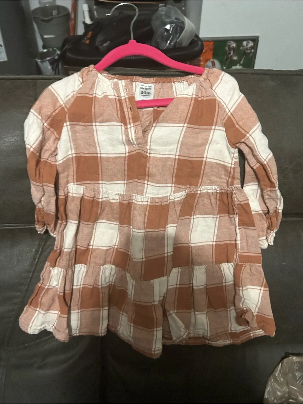 Carter's Rust & Cream Plaid Ruffle Tunic Top